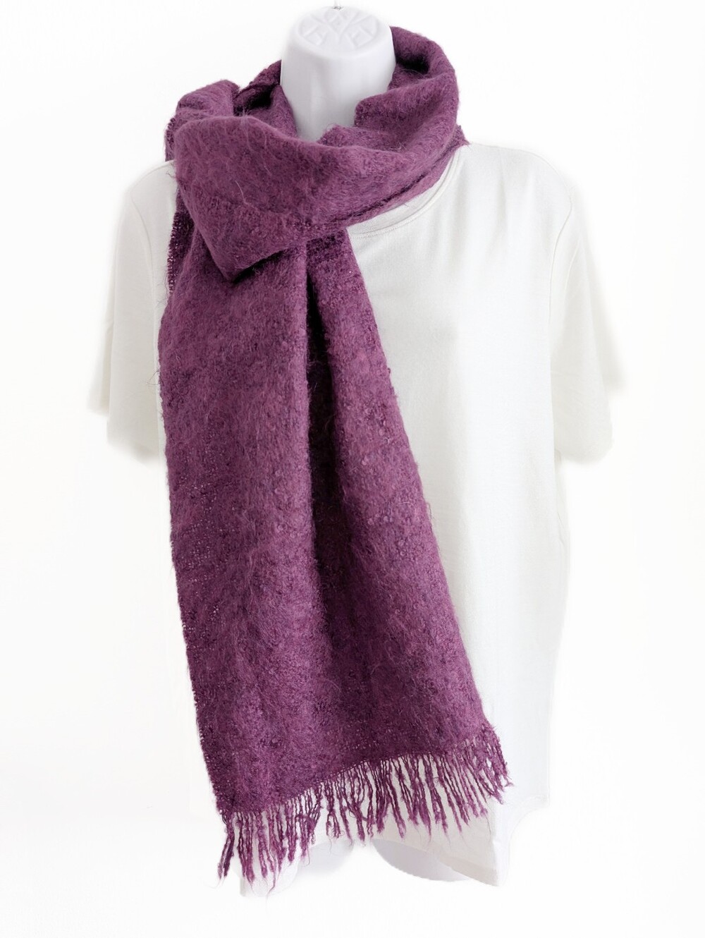 VINTAGE Mohair Wool Scarf Plum Purple Fringe Wrap 64"x12"